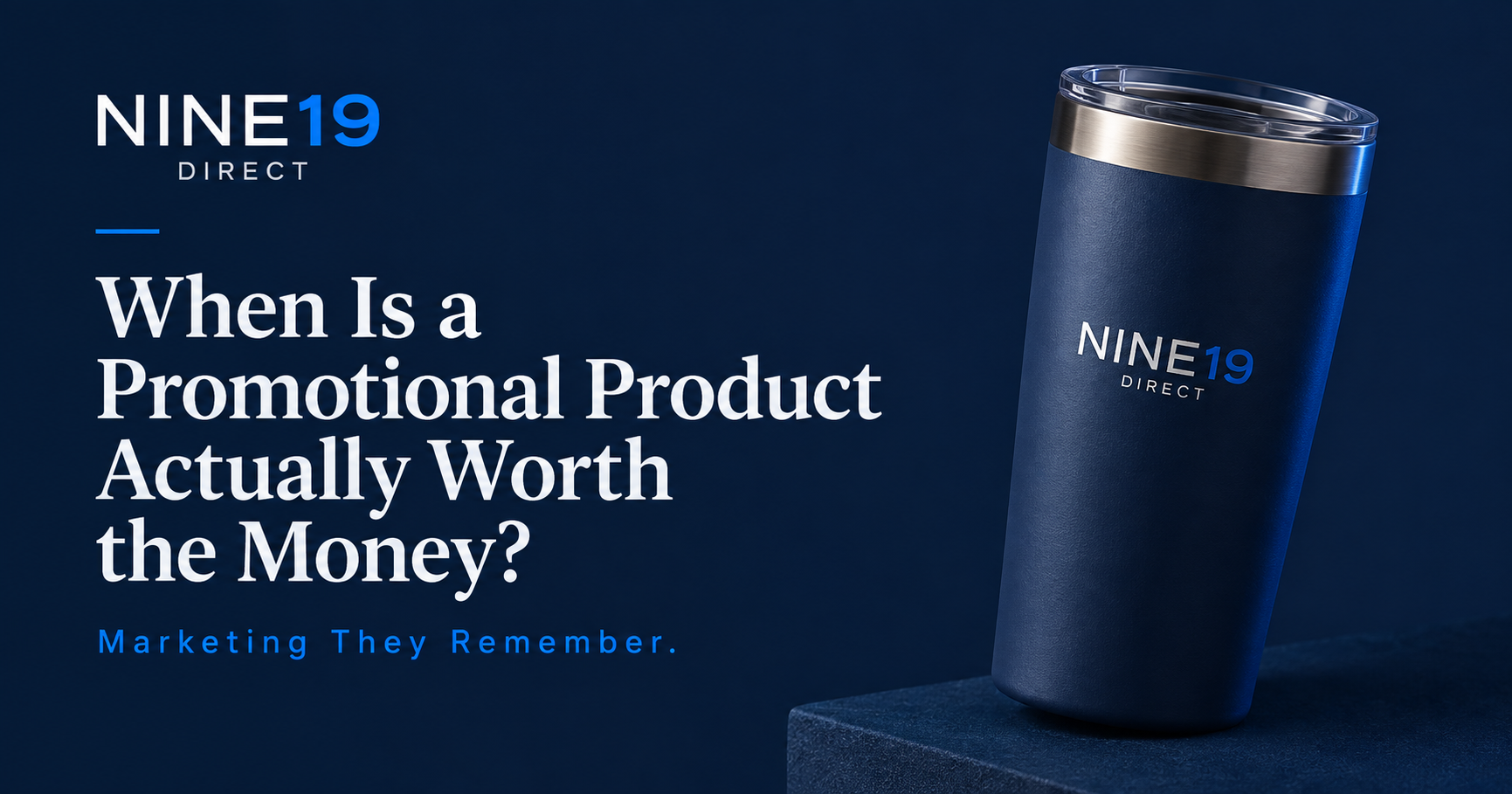 A navy insulated drinkware item displayed against a Nine19 Direct navy background.