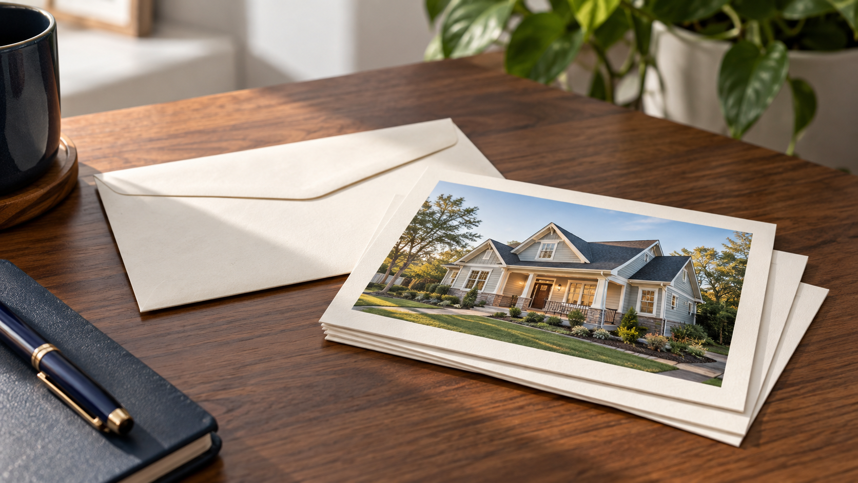 A clean photographed arrangement of direct mail postcards and a mailing envelope on a desk.