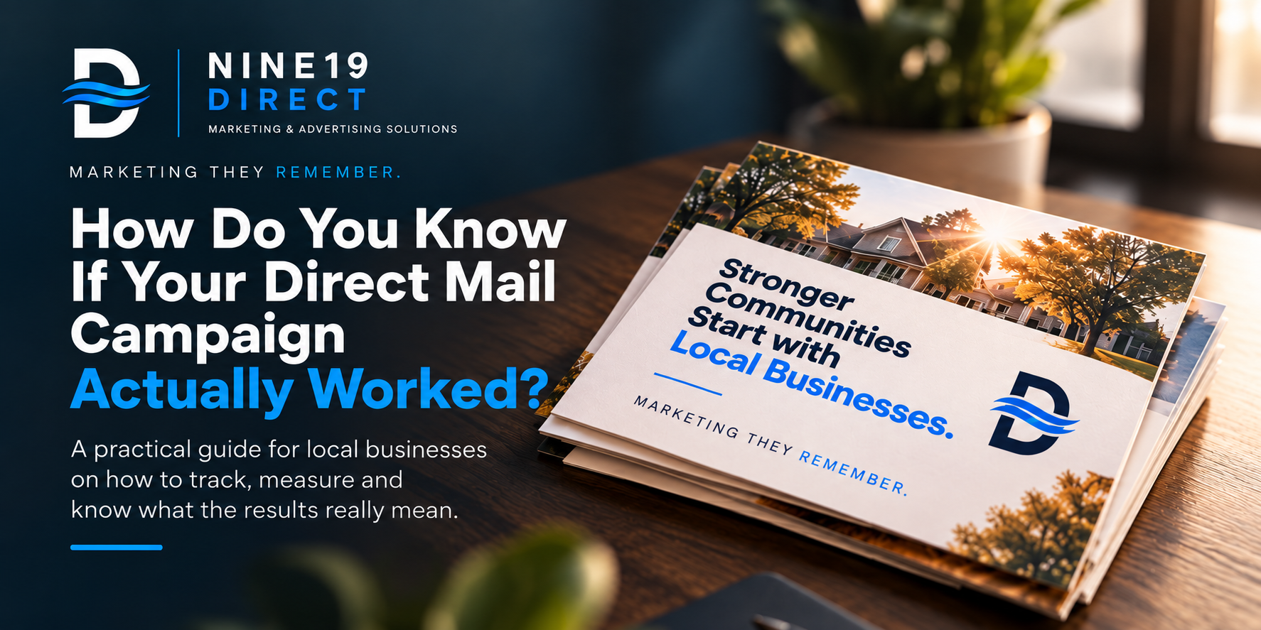 A stack of printed direct mail postcards on a desk, showing a local-business campaign.