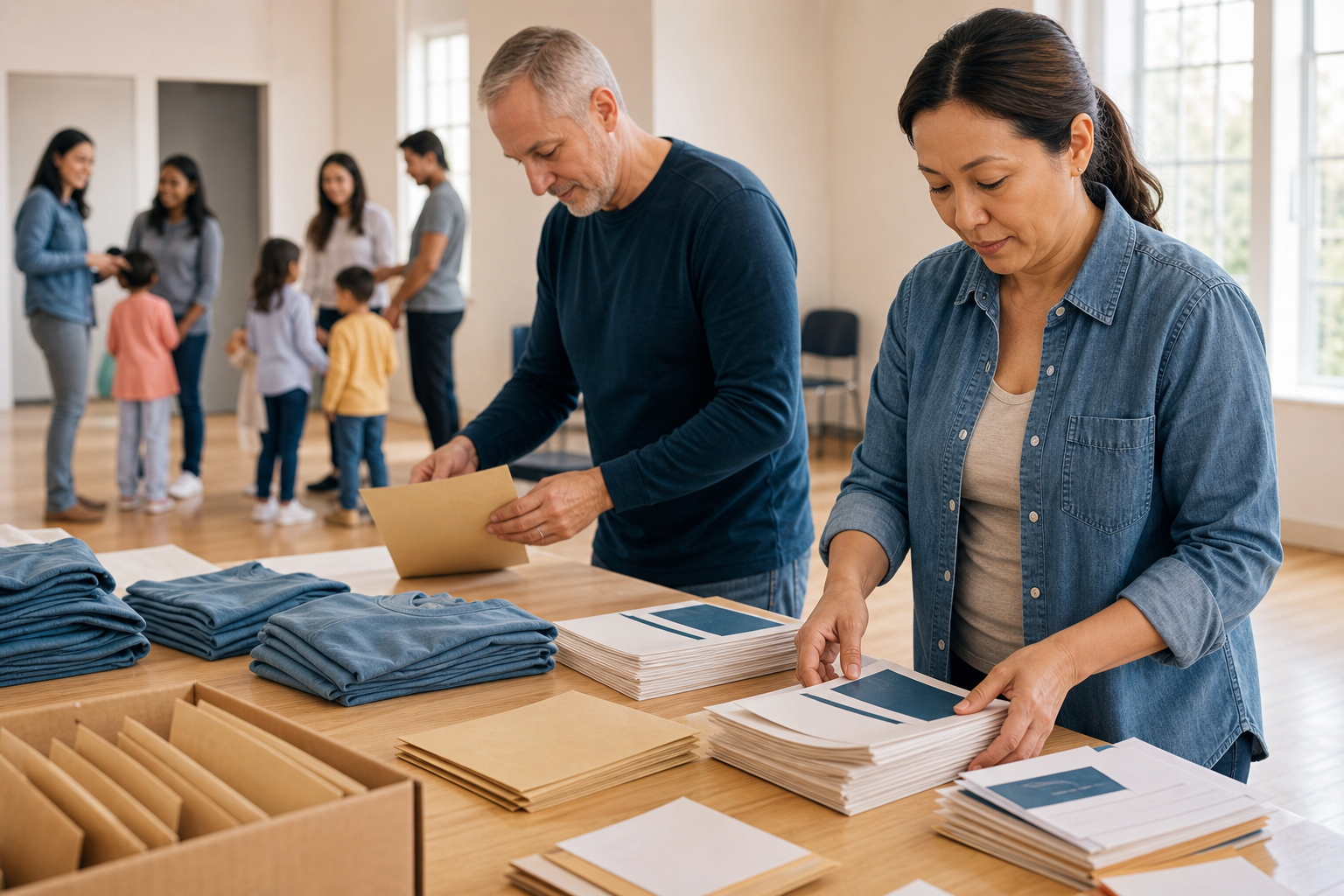 Community volunteers preparing invitation mailers, welcome packets, and volunteer shirts