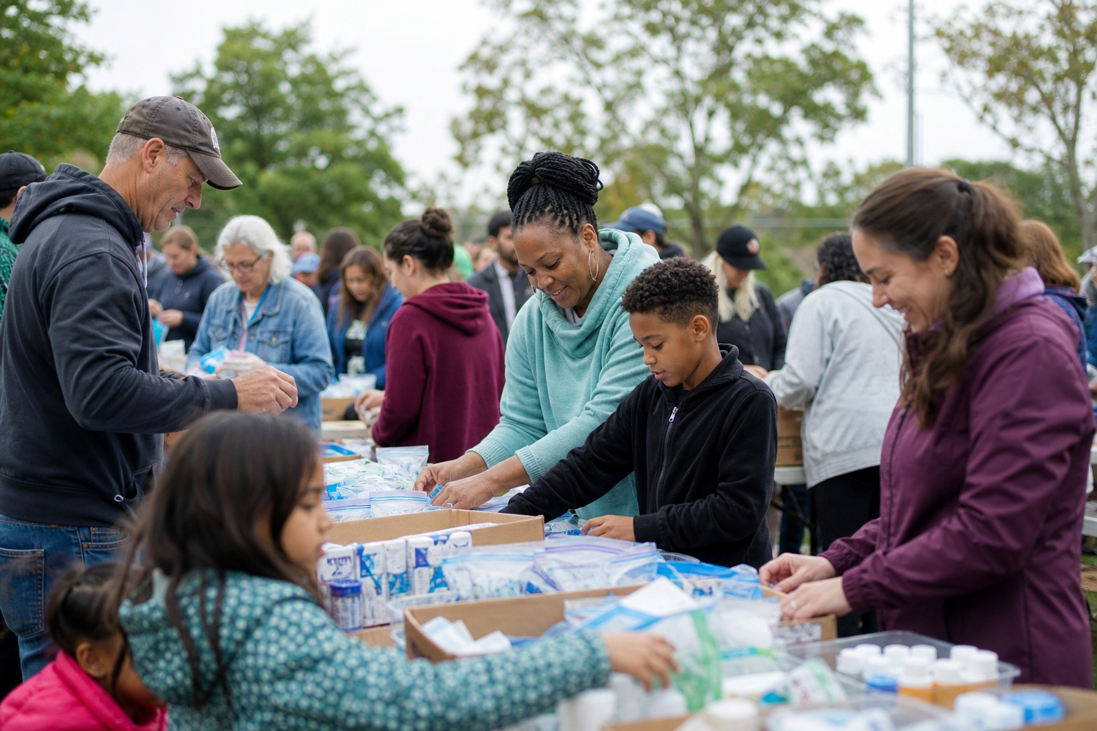 Volunteers and families assembling supplies at a community event