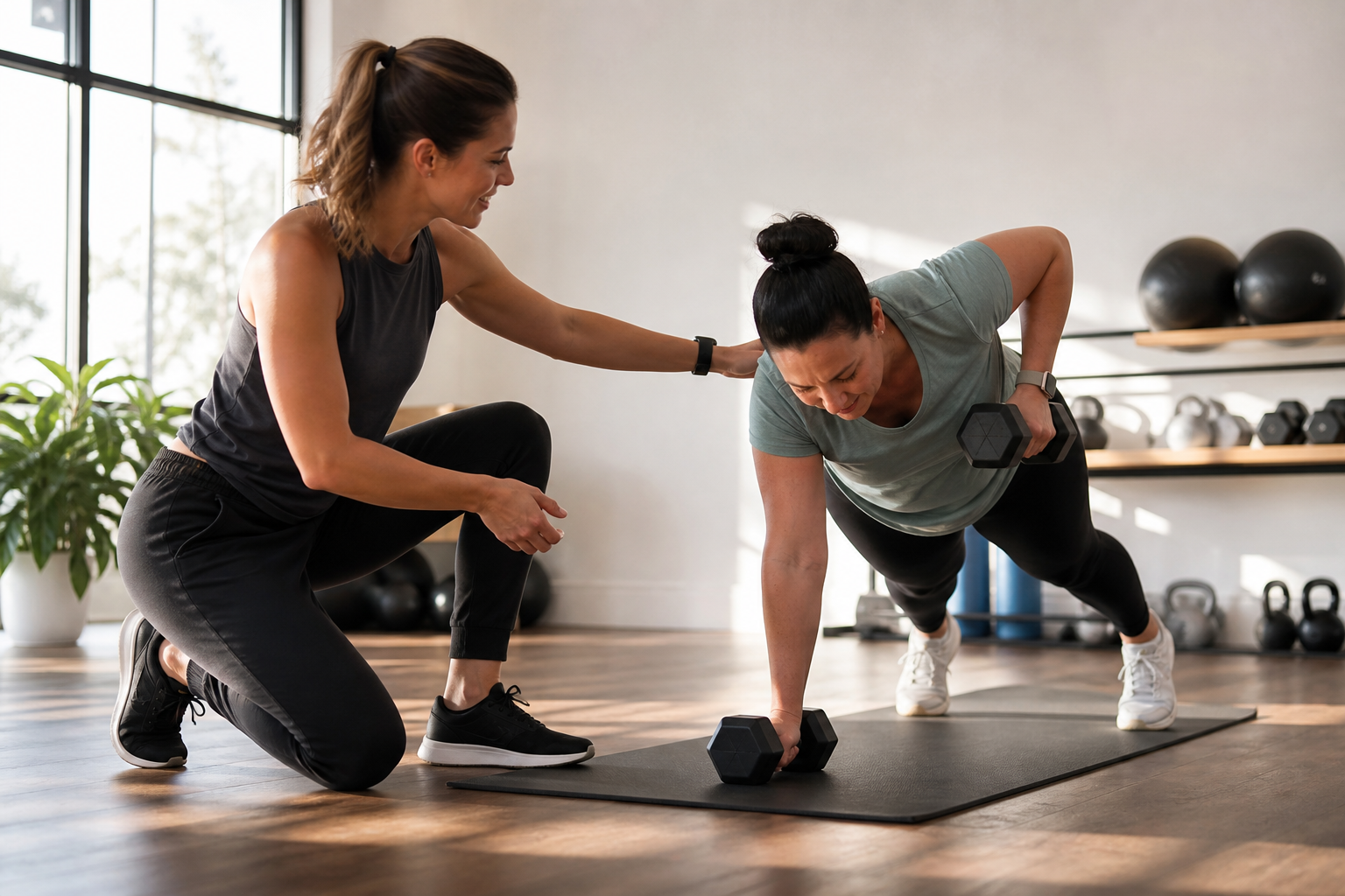 Fitness instructor helping a member during a training session