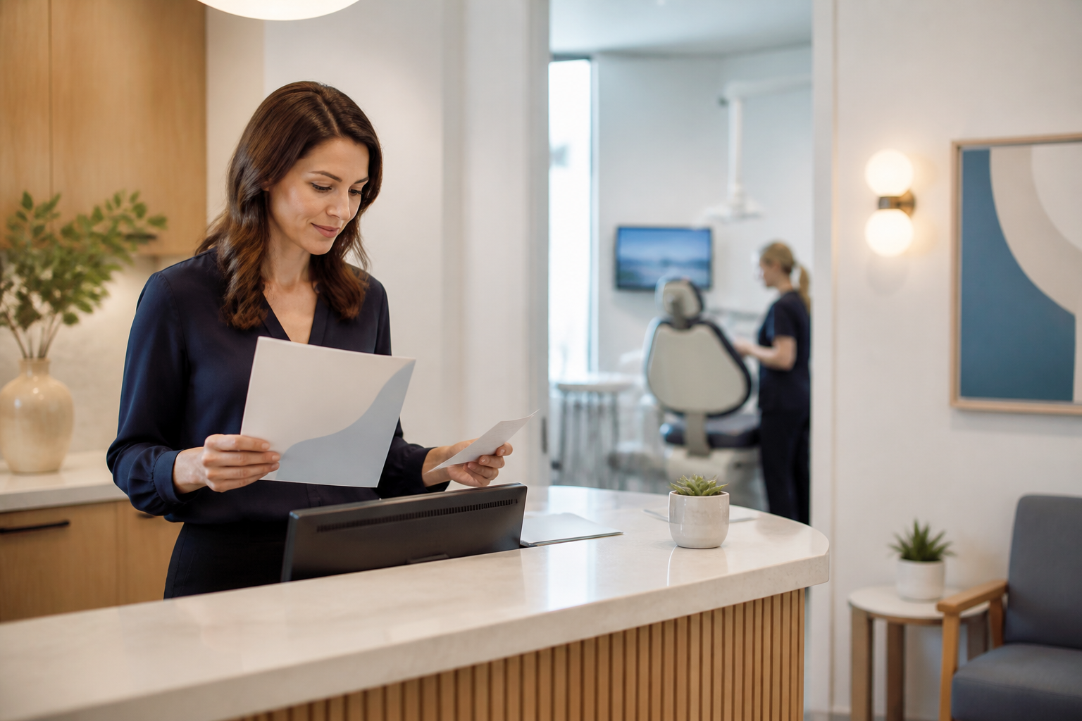 Dental practice manager reviewing patient welcome materials at reception