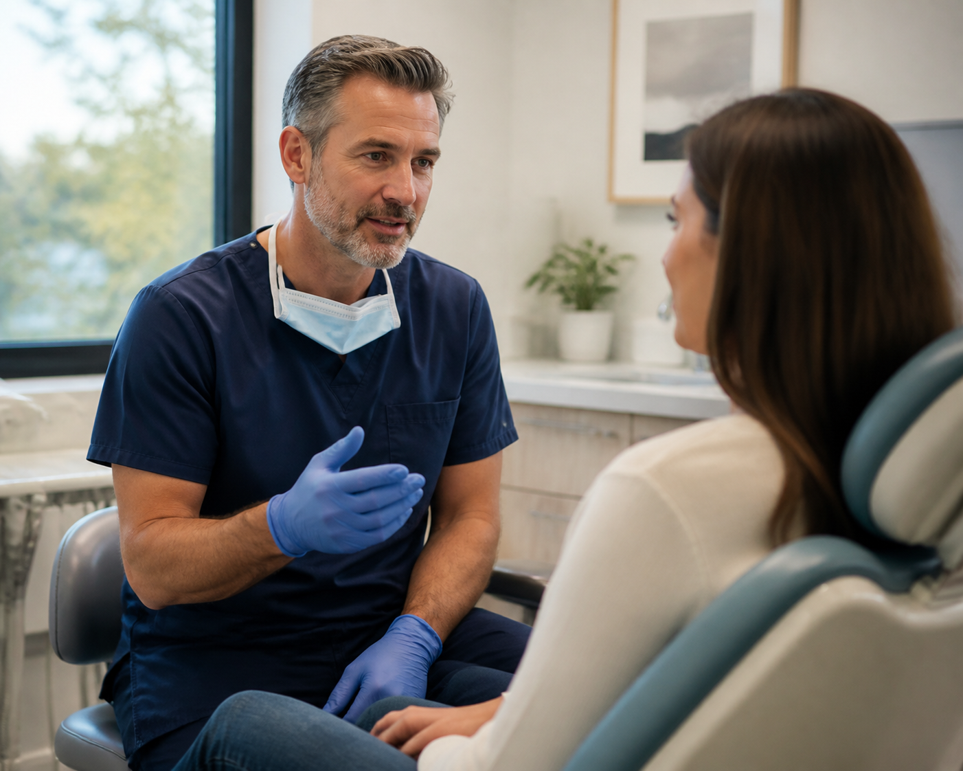 Dentist speaking with a patient in a warm professional practice