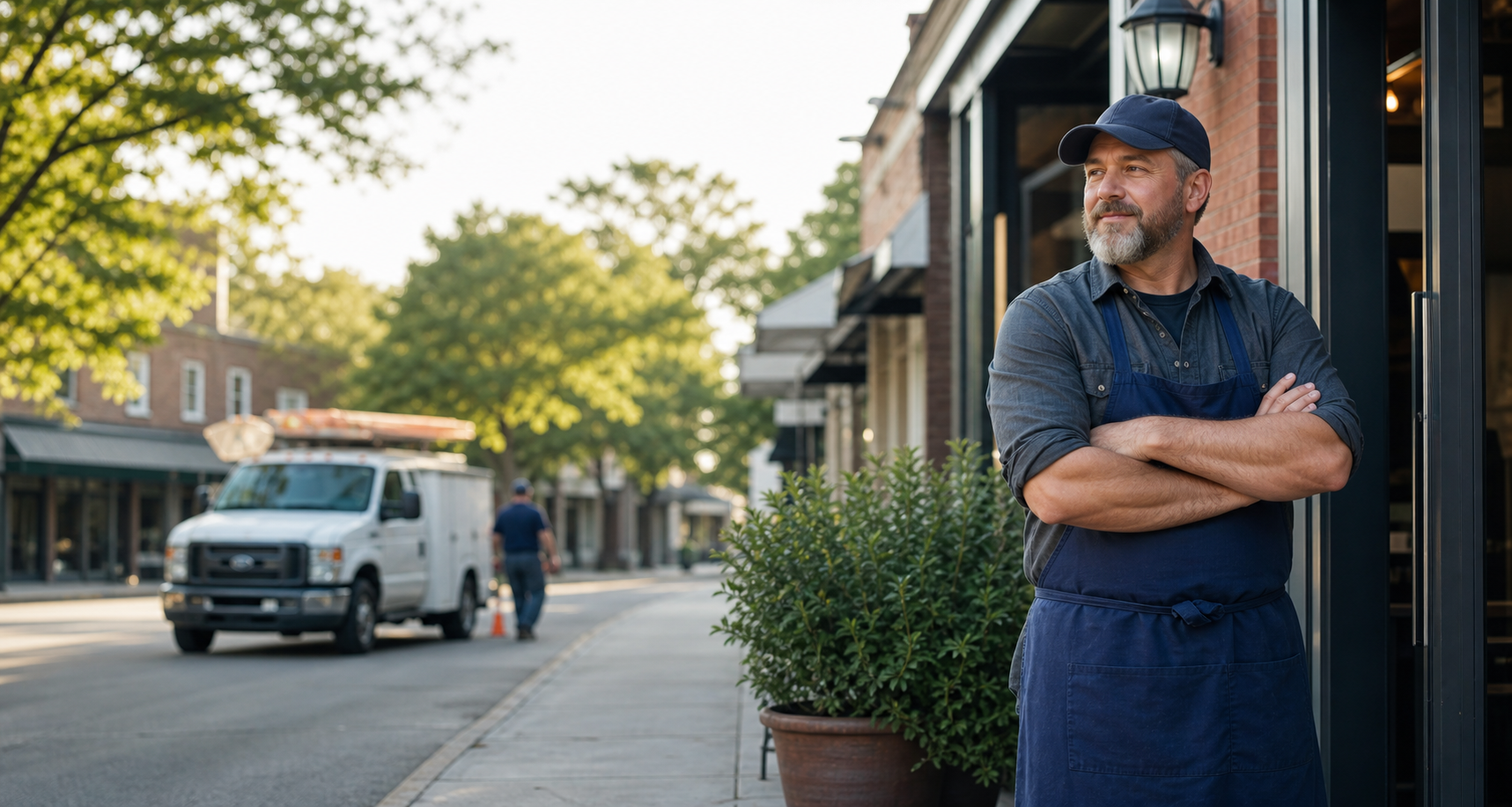 Small-business owner outside a neighborhood storefront in a Carolina community