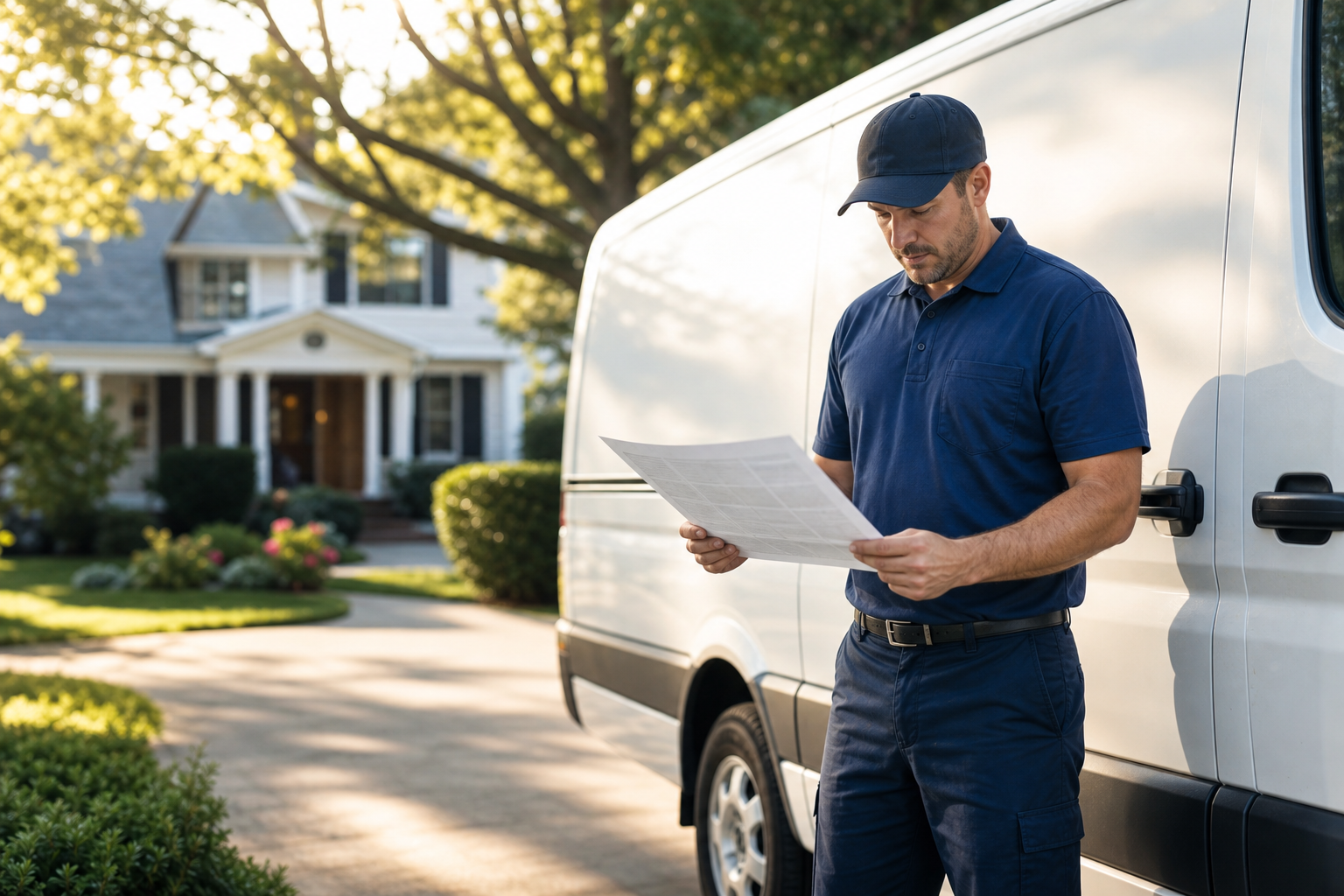Home-services technician reviewing a route sheet beside a service van in a residential neighborhood