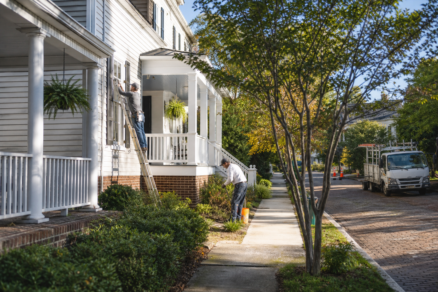 Home-services crew working at a house in a residential neighborhood