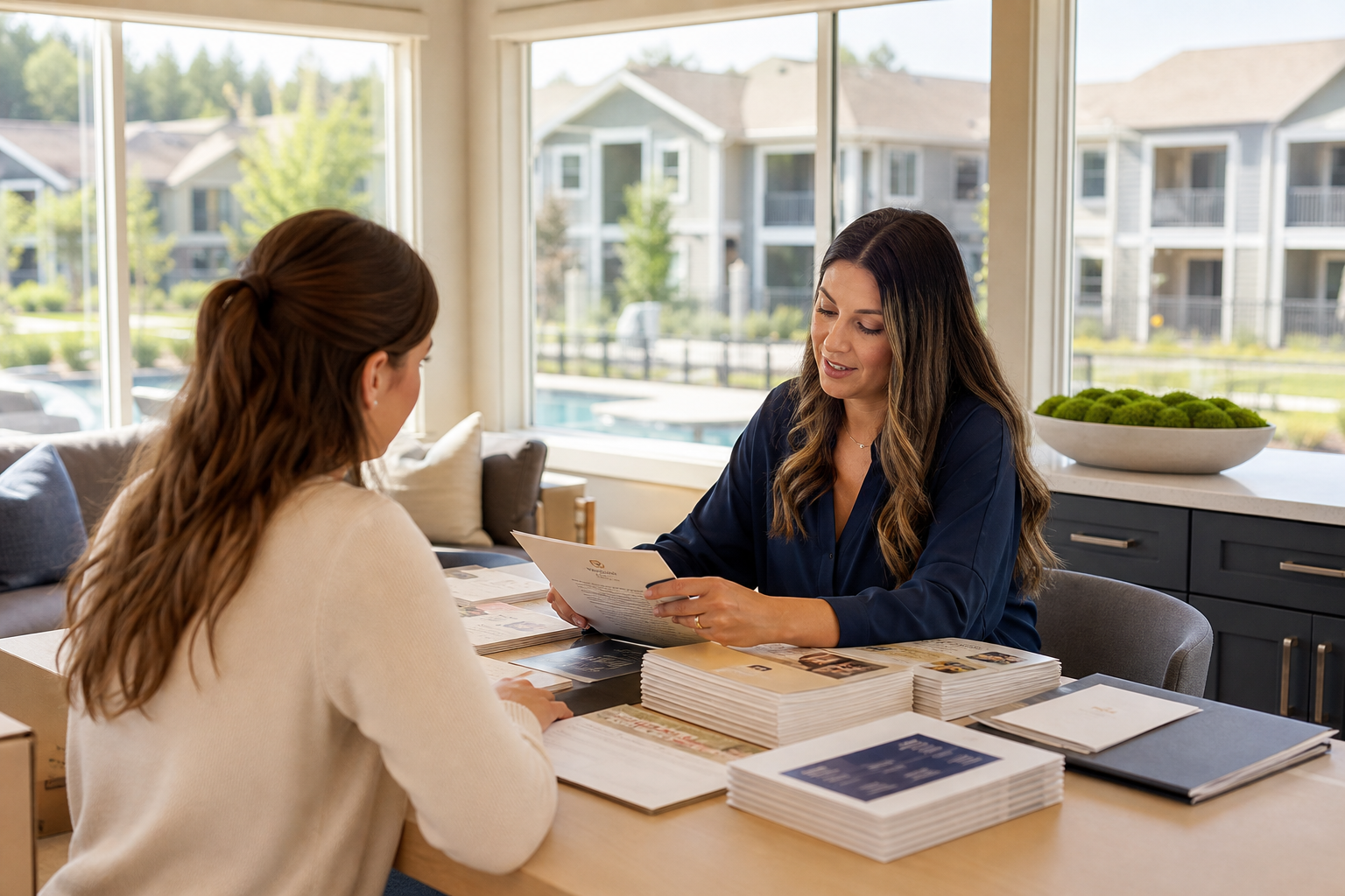 Property manager reviewing resident welcome materials with a community member
