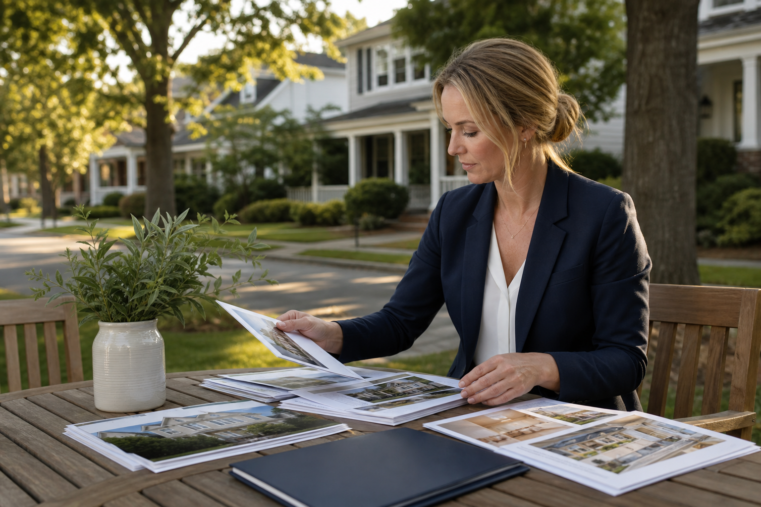 Real estate professional organizing neighborhood mailers and property flyers
