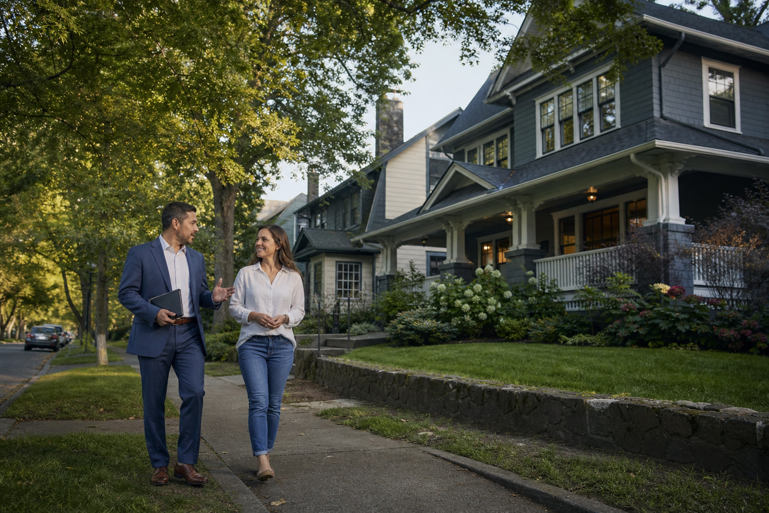 Real estate professional speaking with a homeowner in a residential neighborhood