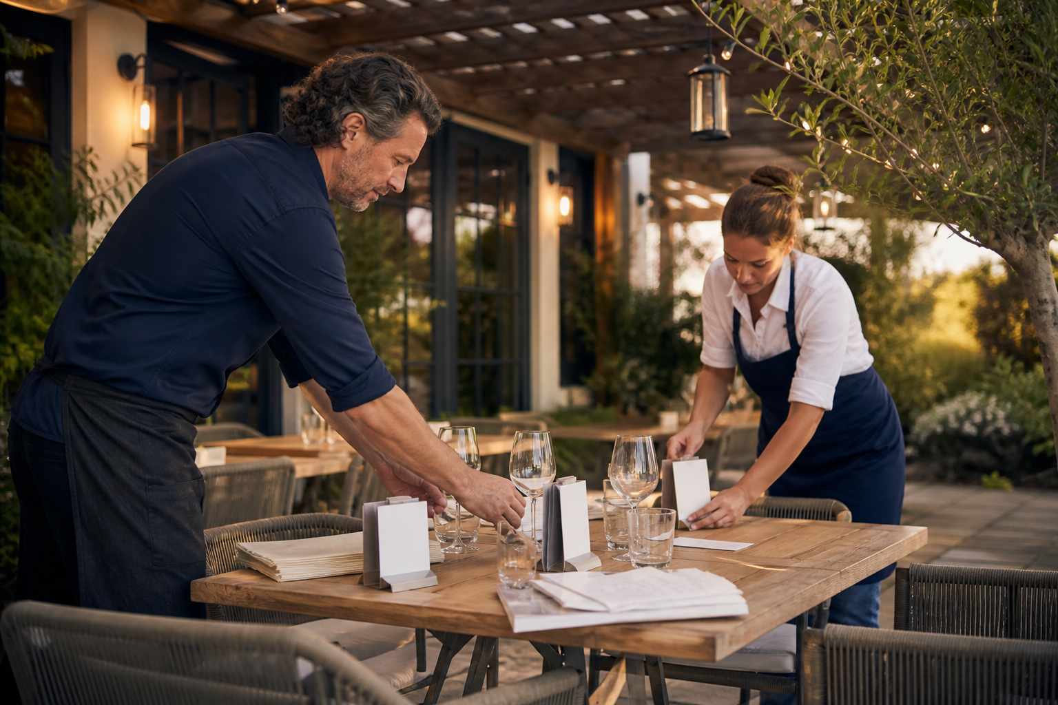 Restaurant staff preparing table tents and printed materials before opening