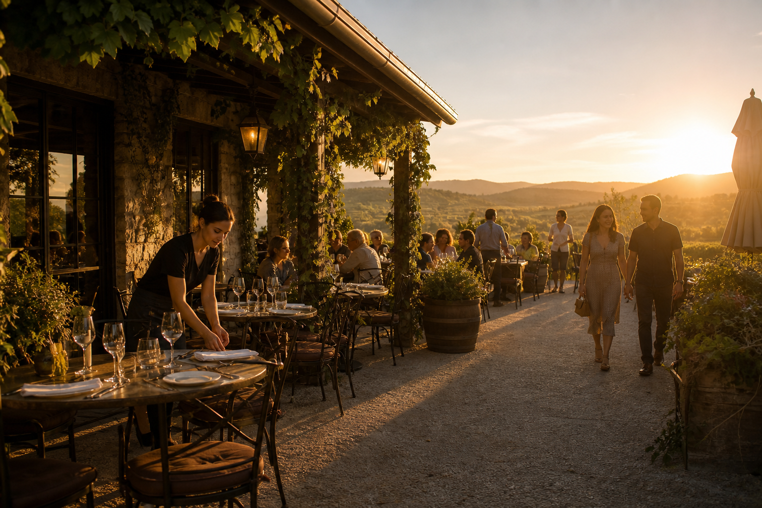 Guests arriving as staff prepare a winery restaurant patio