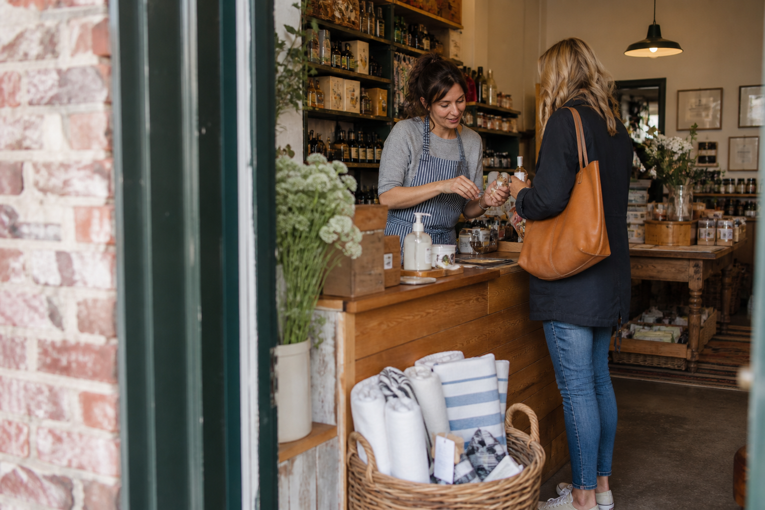 Independent shop owner helping a customer at a neighborhood storefront