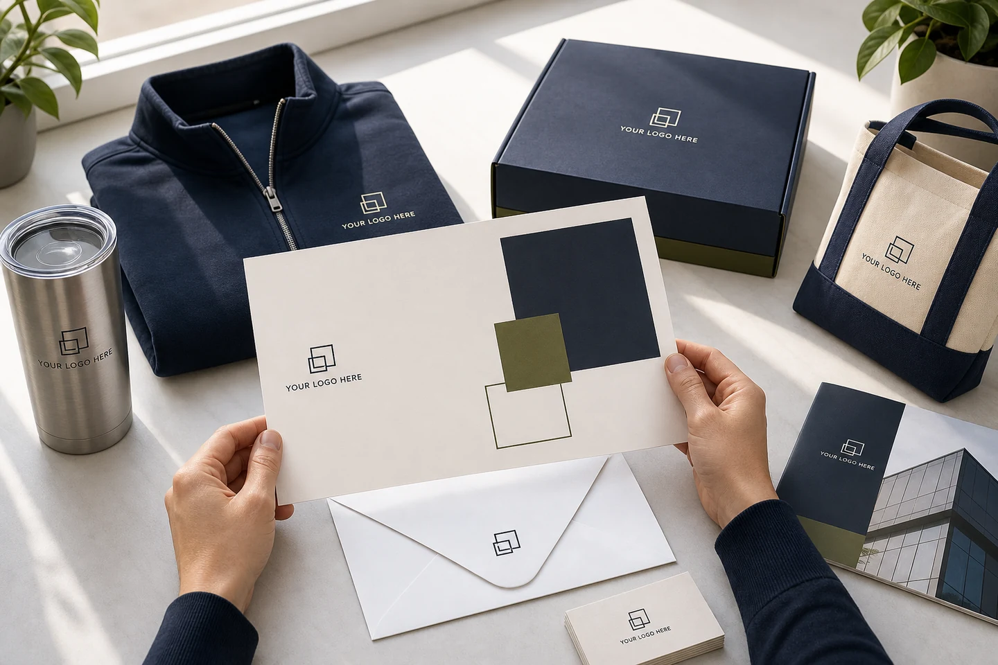 A coordinated campaign kit with direct mail, printed materials, branded apparel, drinkware, and promotional products.
