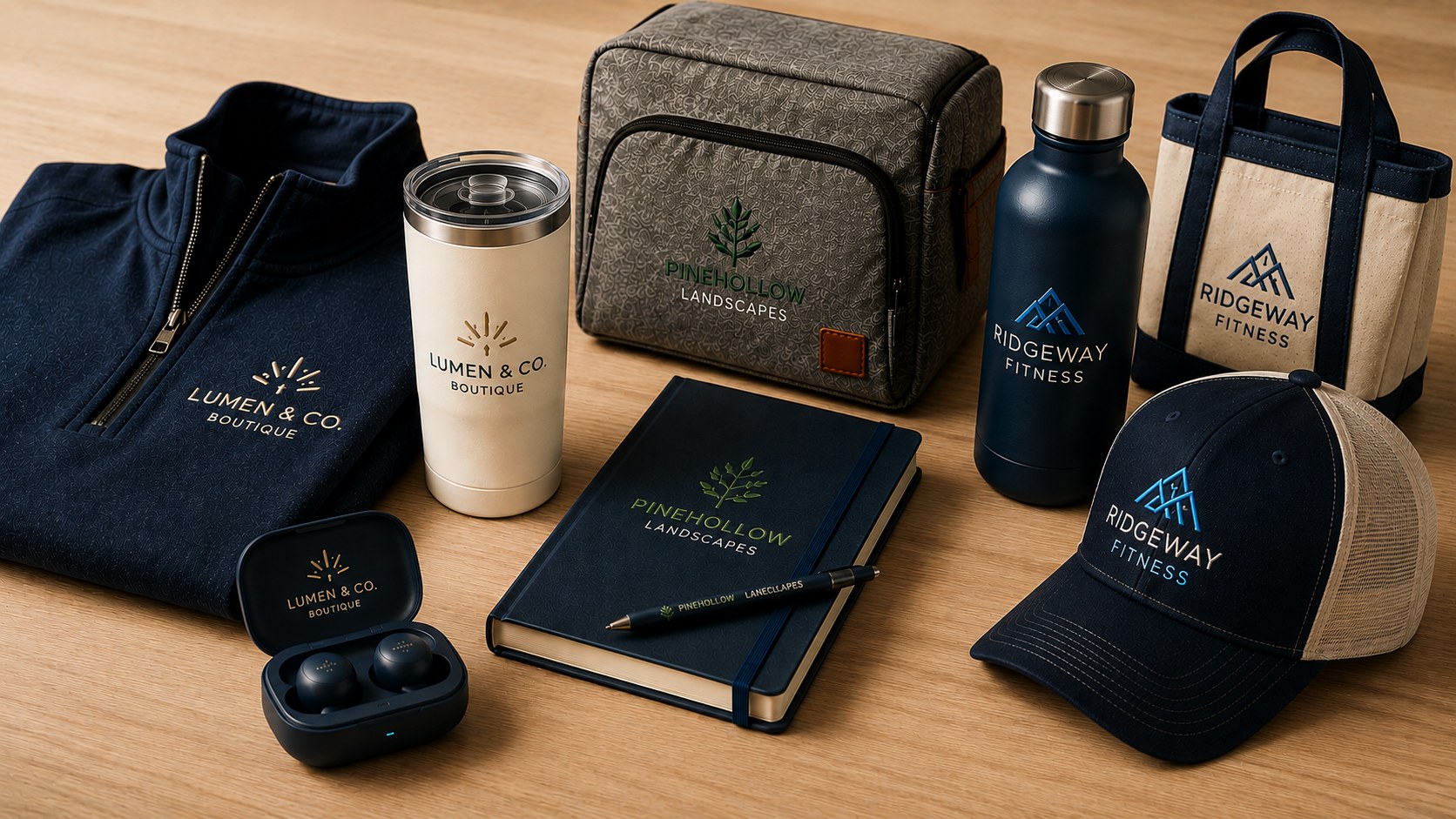 A curated display of branded promotional products including apparel, drinkware, a tote and travel bag, a notebook and pen, a cap, and wireless earbuds.