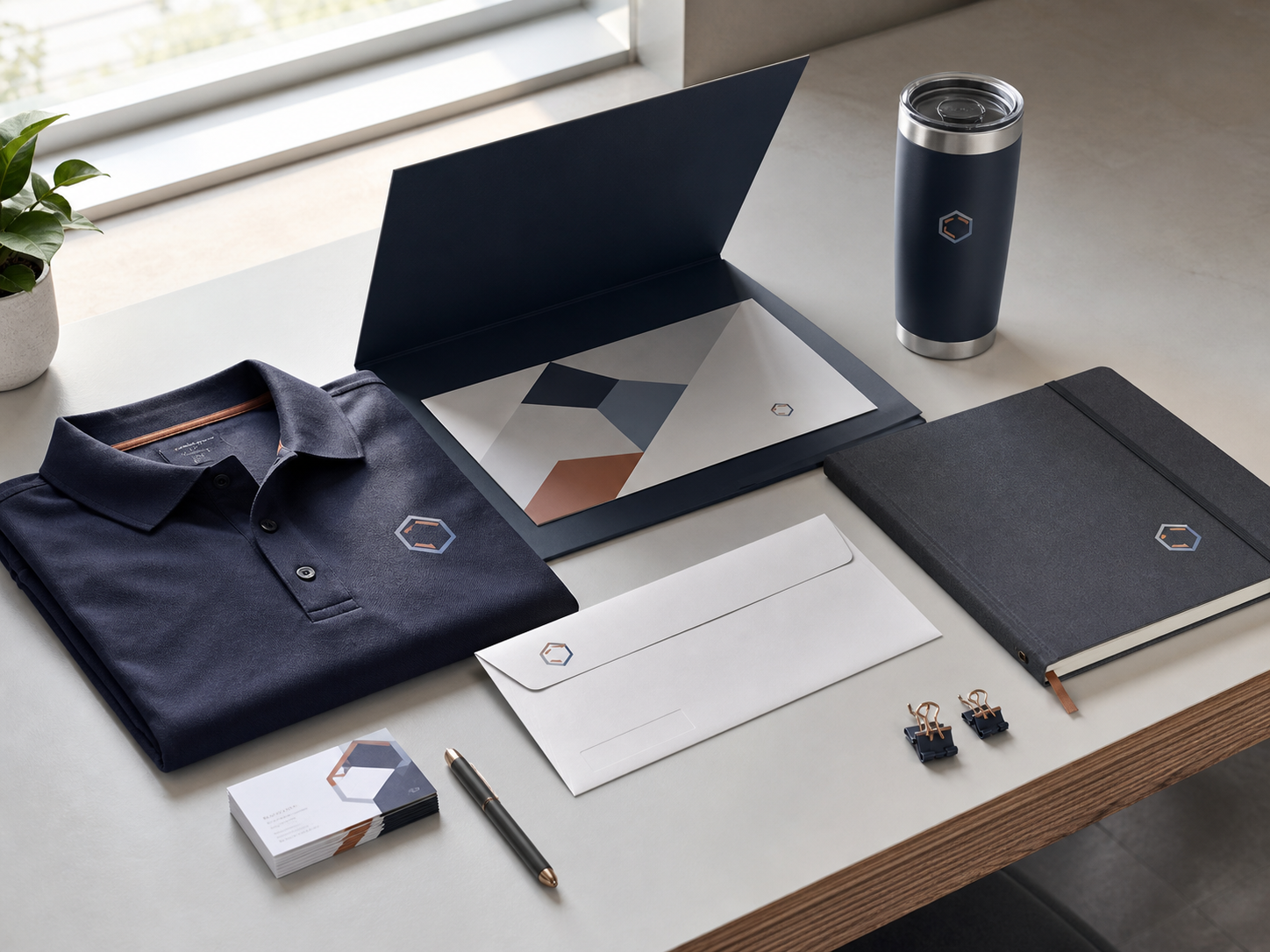 Coordinated company polo, presentation folder, direct mail postcard, notebook, tumbler, and stationery on an executive desk